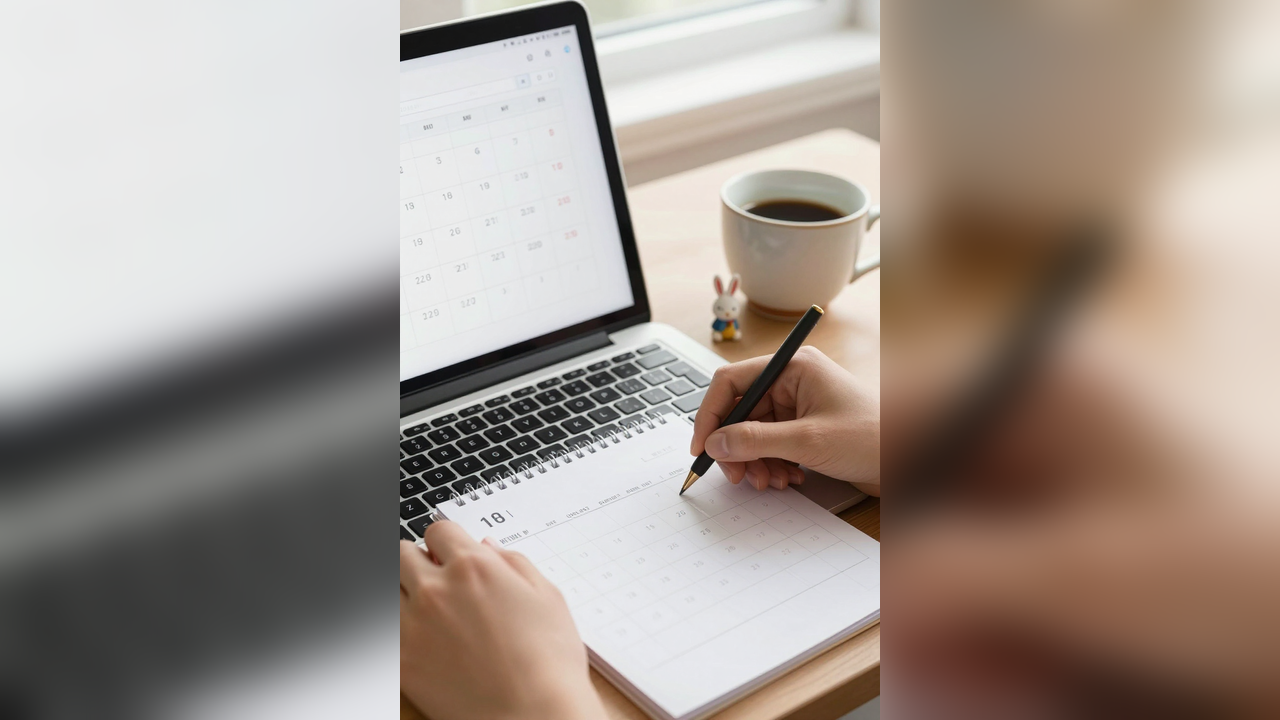 Laptop date lookup beside a paper calendar, tea cup, and rabbit charm