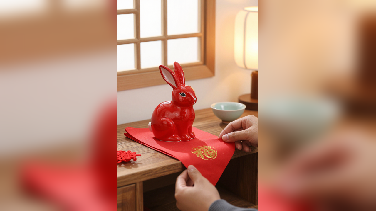 Red ceramic rabbit ornament with festival cloth and warm shelf lighting