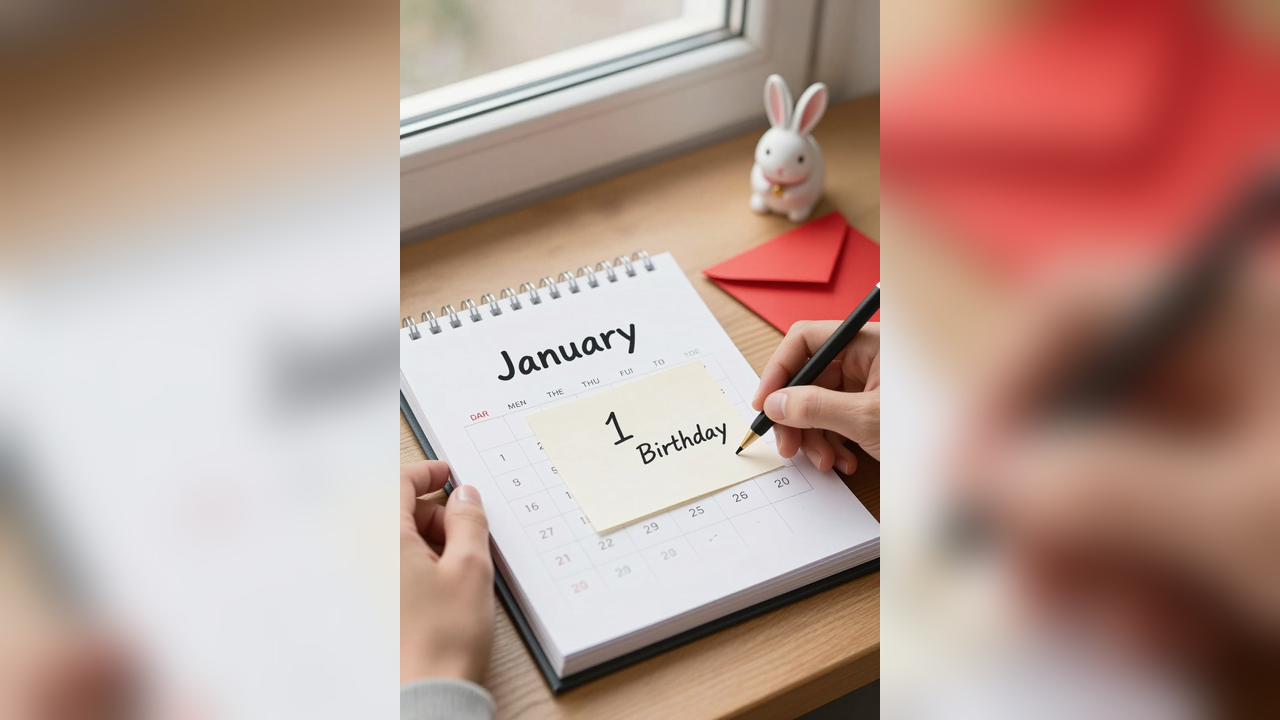 Late-January calendar with birthday note, red envelope, and small rabbit ornament