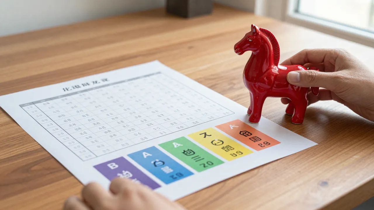 Red horse ornament beside element swatches and a paper year chart