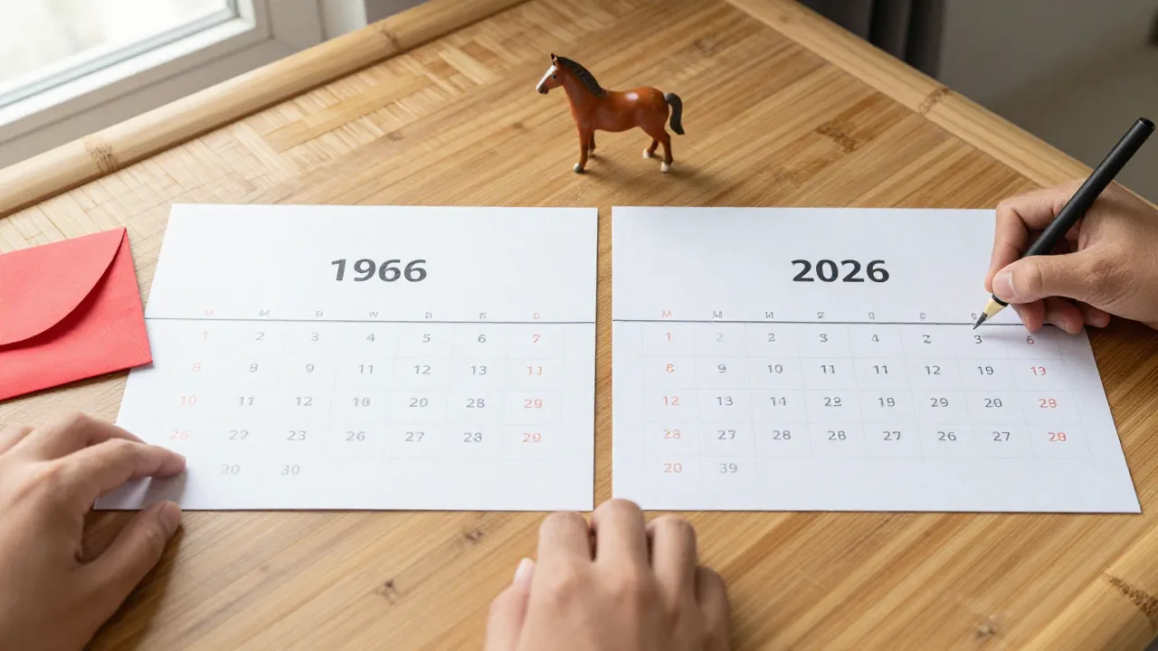 Two plain calendar cards beside a red envelope and horse figure