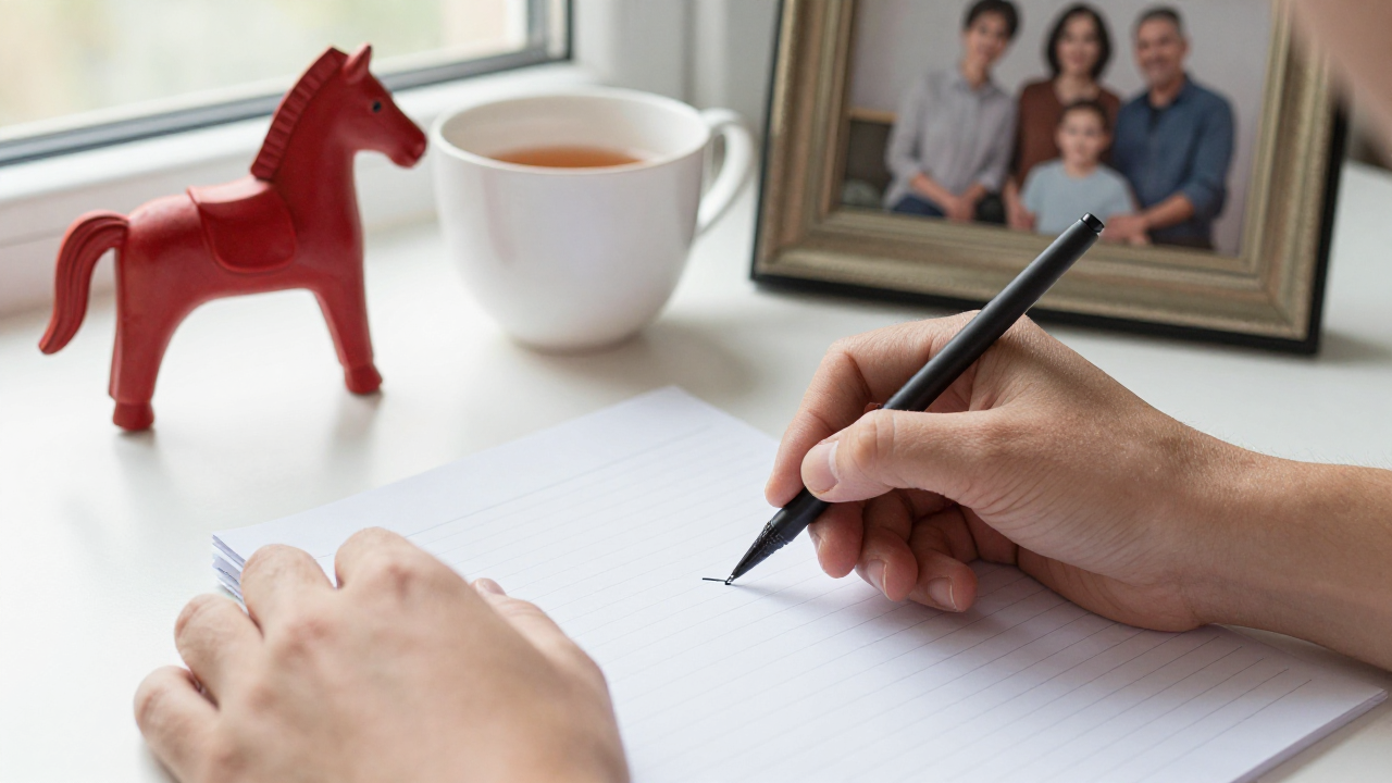 Hands writing a blank family note beside a red horse ornament and tea cup