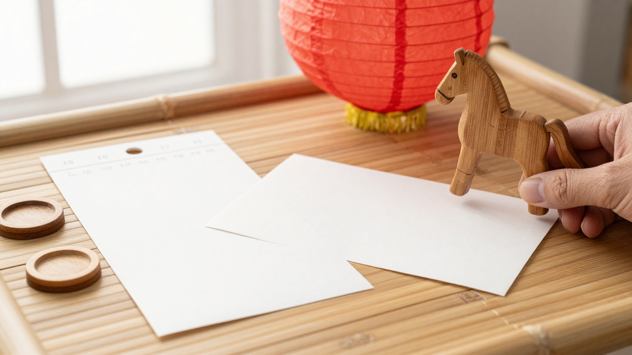 Blank date cards beside a lantern and wooden horse figure on a bamboo desk