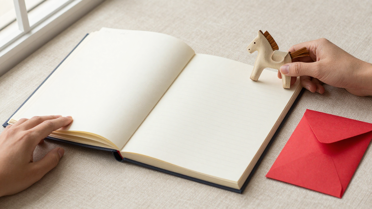 Closed keepsake album and blank note card beside a wooden horse ornament