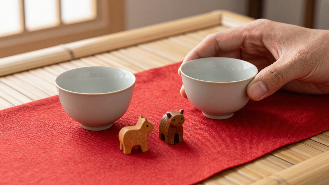 Two cups and a wooden zodiac animal on a table set for a calm conversation