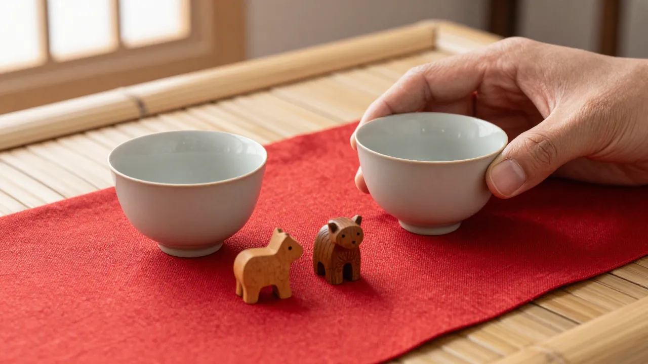 Two cups and a wooden zodiac animal on a table set for a calm conversation