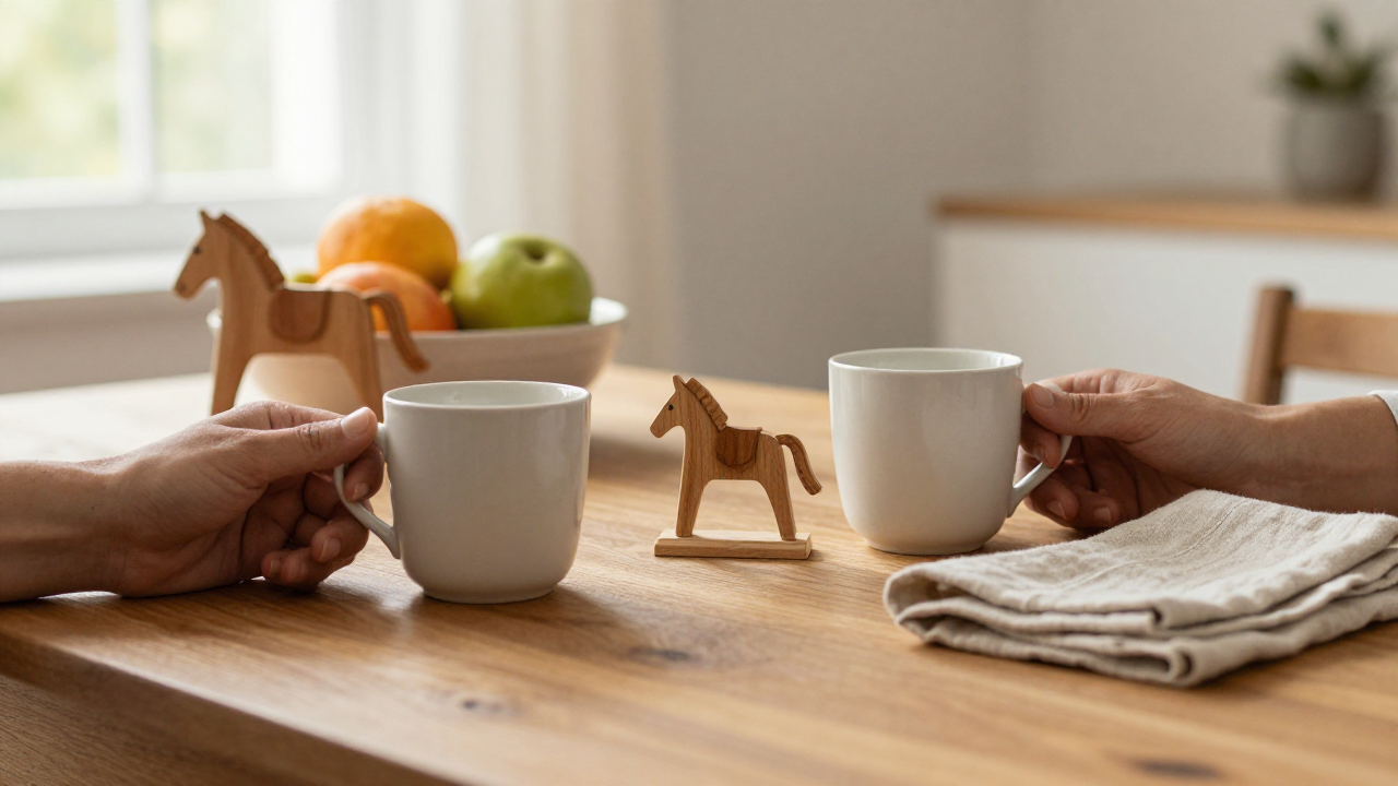 Two cups, a fruit bowl, folded linen, and a wooden horse ornament on a warm home table