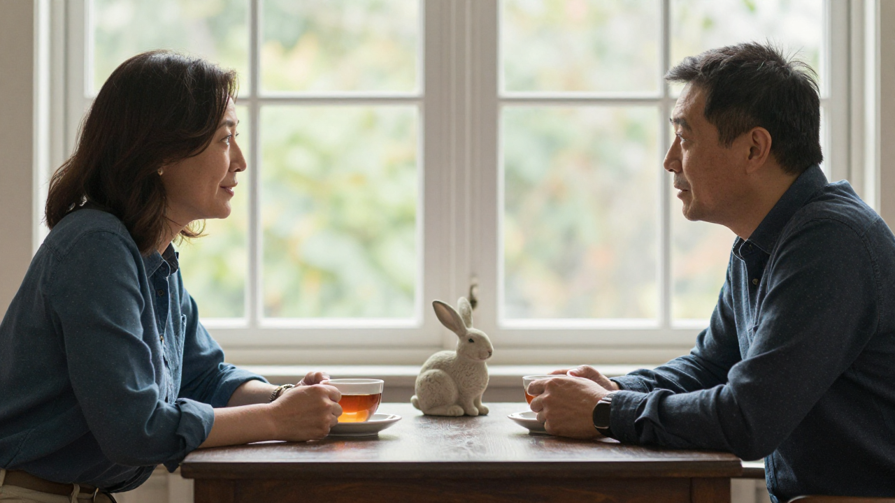Two people listening across a table with a small wooden zodiac ornament