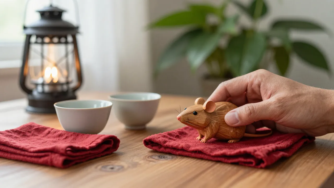 Small wooden rat figure beside two tea cups, a folded red cloth, and a lantern on a home table