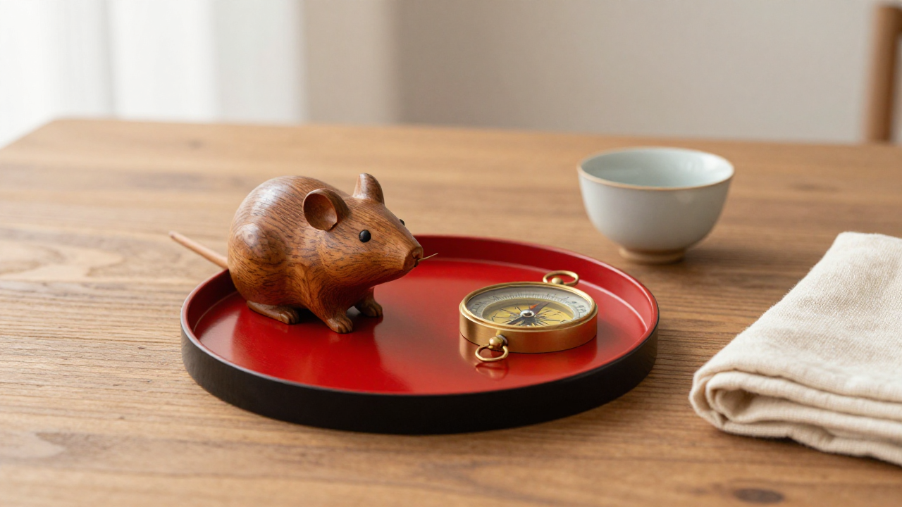 A red lunar calendar disc with a small wooden rat figure, brass compass, and tea cup