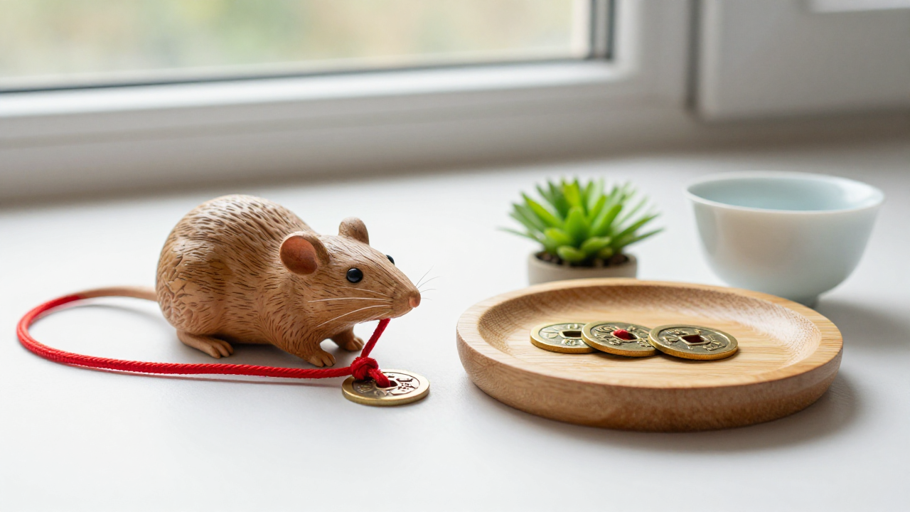 Wooden rat figure with red thread, round brass tokens, a bamboo tray, and green plant