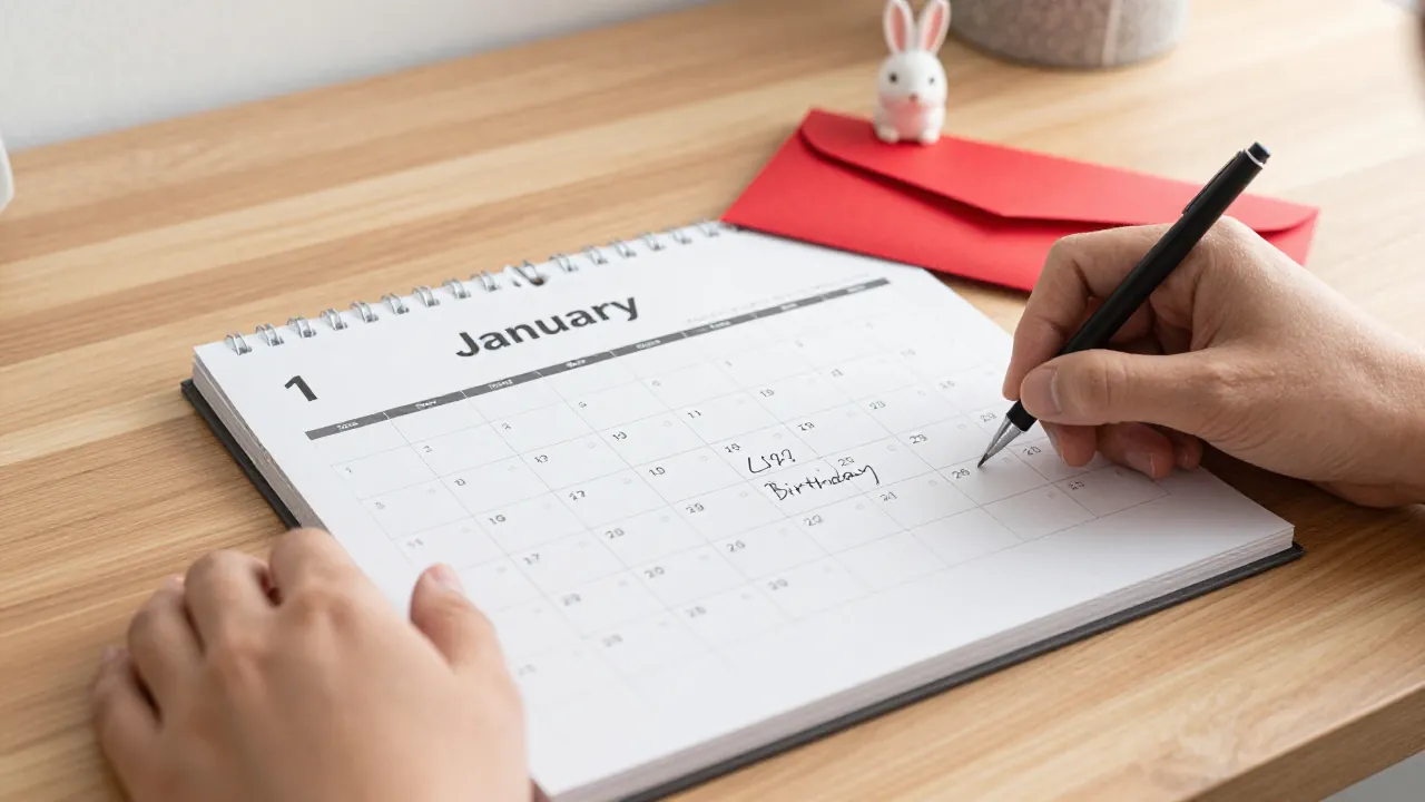 Late-January calendar with birthday note, red envelope, and small rabbit ornament