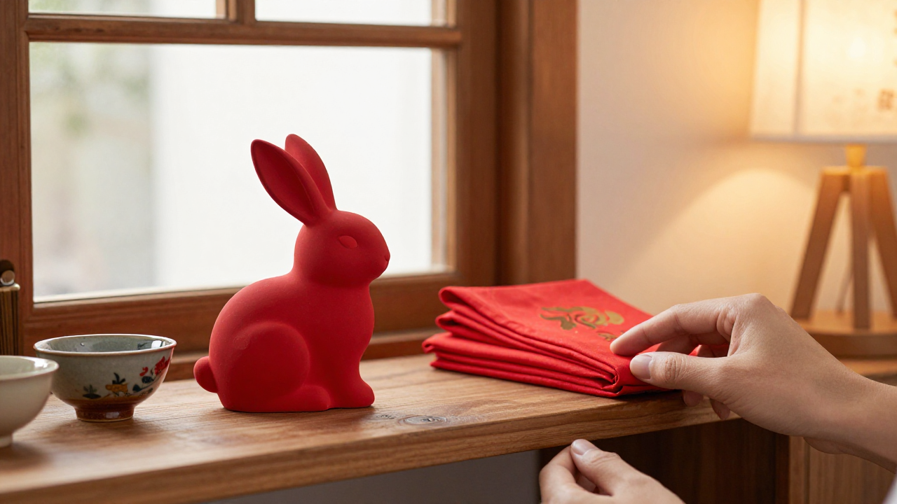Red ceramic rabbit ornament with festival cloth and warm shelf lighting