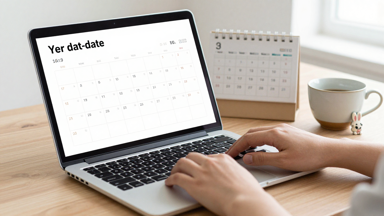 Laptop date lookup beside a paper calendar, tea cup, and rabbit charm