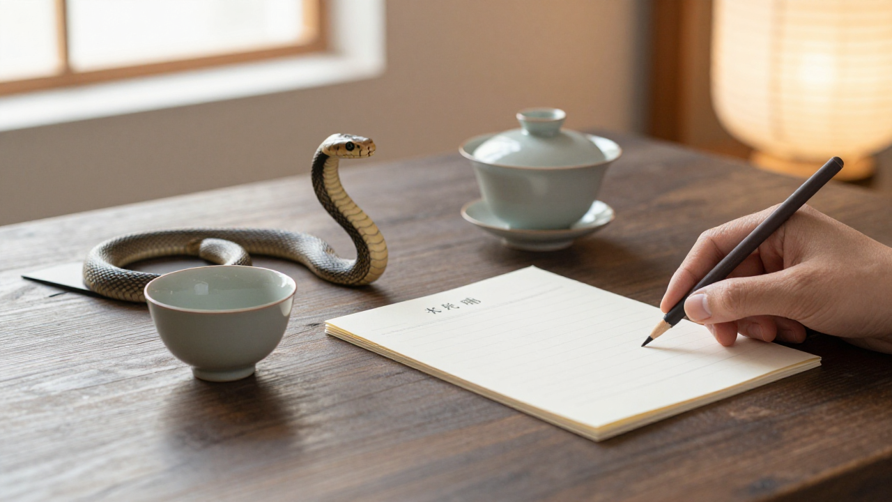 A home table with two tea cups, a wooden snake ornament, a folded family note folder, and a paper lantern