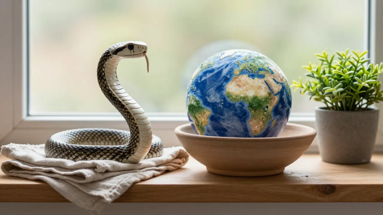A ceramic snake figurine on a shelf beside a clay bowl, folded linen cloth, and a small potted plant