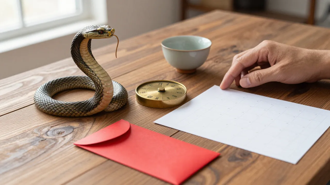 A carved snake figurine on a wooden desk beside a brass date wheel, red envelope, tea cup, and plain calendar card
