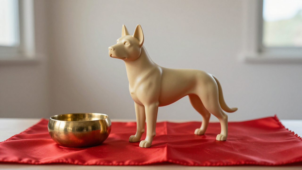 fire dog zodiac scene with smooth dog sculpture, plain red silk, brass bowl