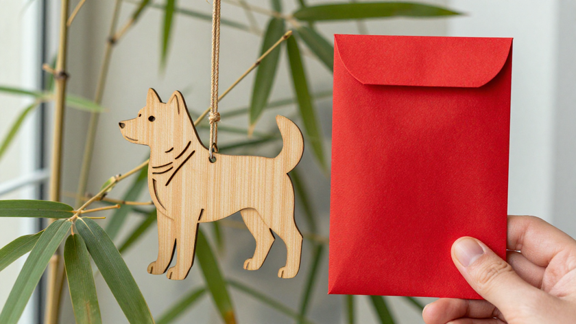 fire dog zodiac scene with wooden dog ornament, bamboo leaves, plain fabric pouch