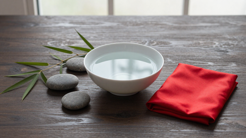 white ceramic water bowl with smooth pebbles, bamboo, and plain red silk