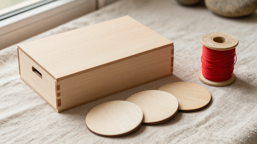 wooden keepsake box with blank tokens and red thread for recording a sourced birthday result