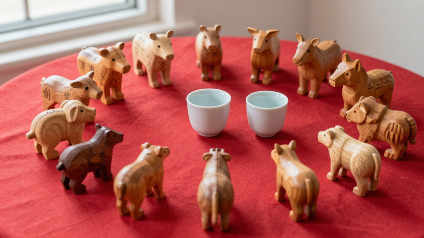 wooden animal figures arranged for a zodiac compatibility chart context