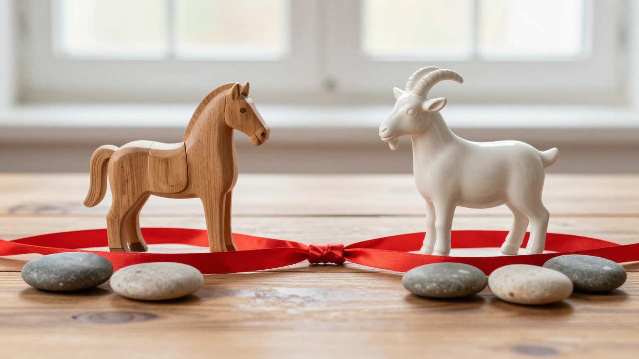 Horse and goat figurines separated by red cord with blank wooden tokens