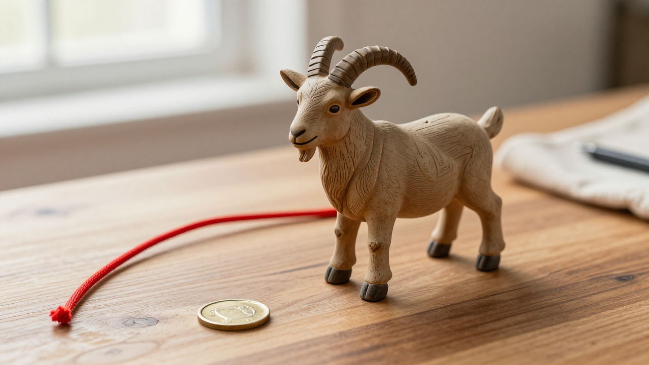 Earth-toned goat figurine with red cord and a blank coin on a wooden desk
