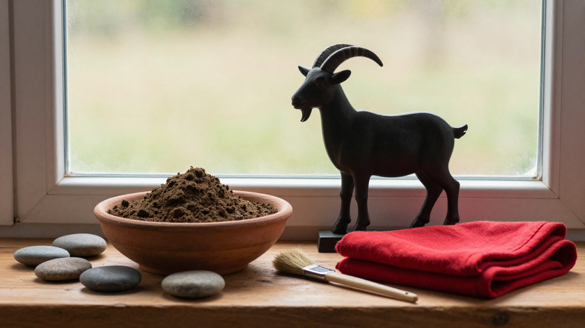 Goat ornament beside soil, stones, red fabric, and a plain brush