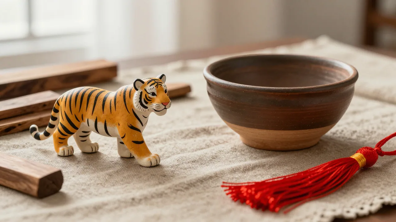 Tiger ornament with clay bowl, wood pieces, earth-toned fabric, and red tassel