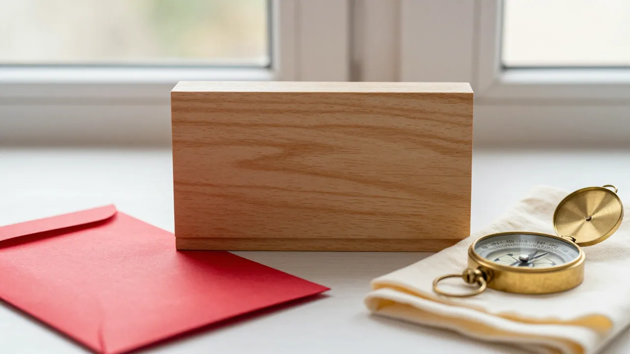 Blank calendar block with red envelope and compass on a desk
