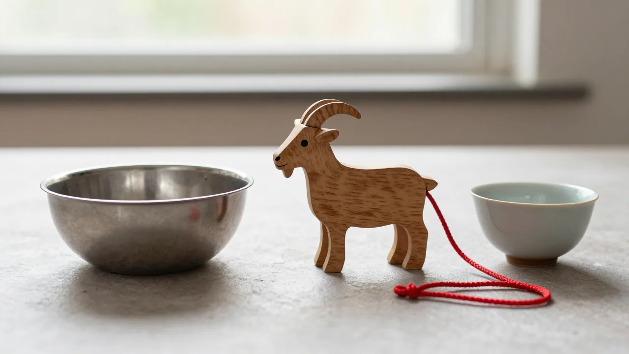 Metal bowl with goat-shaped wooden craft and red cord