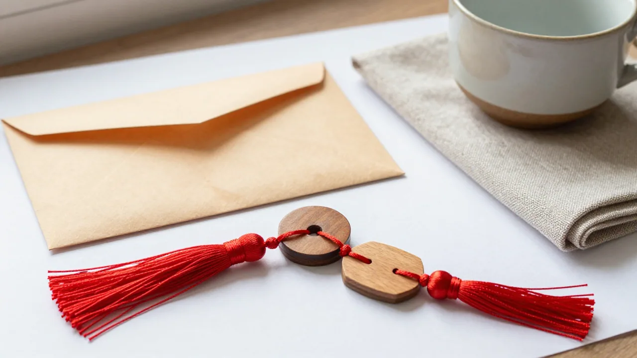 Blank wooden tokens with red tassel, envelope, linen, and mug