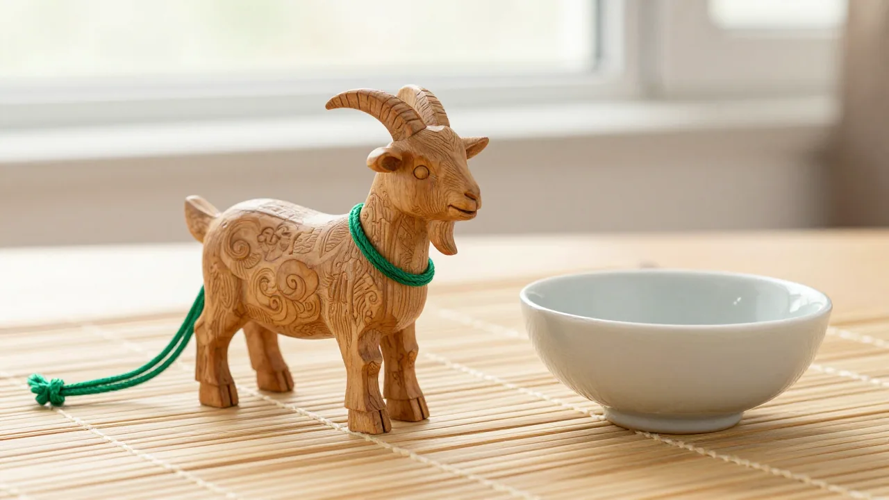 Wooden goat with green cord and ceramic bowl
