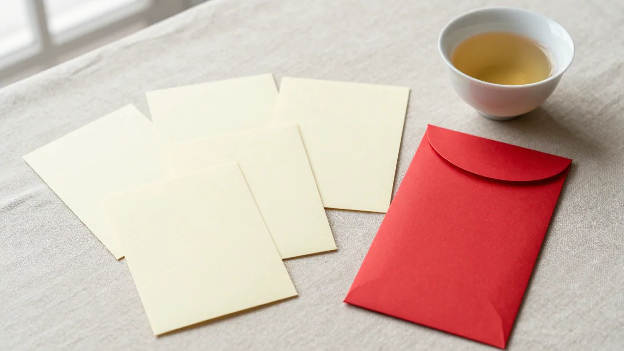 Blank date tokens with red envelope and tea cup