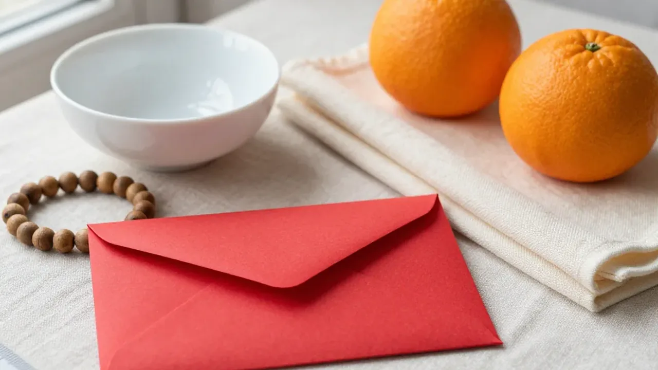 Plain red envelope with unmarked compass and cloth