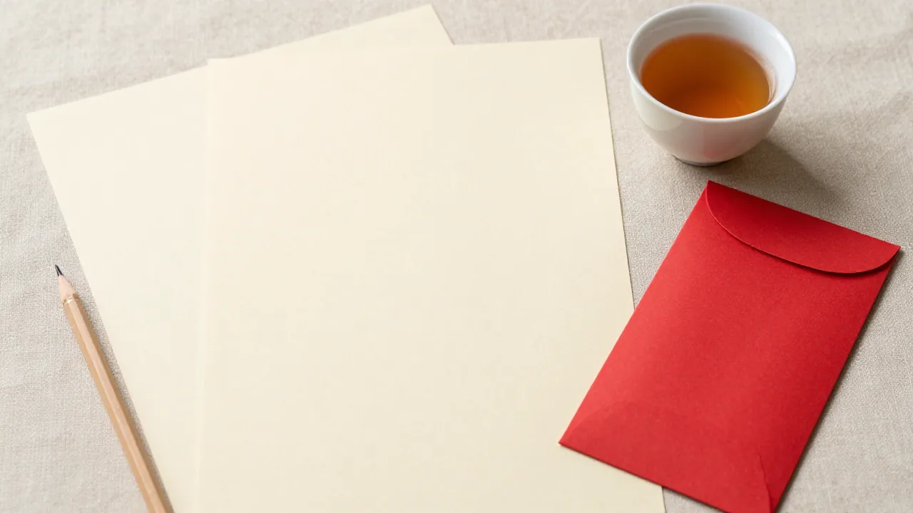 Blank cream sheets with pencil and red envelope