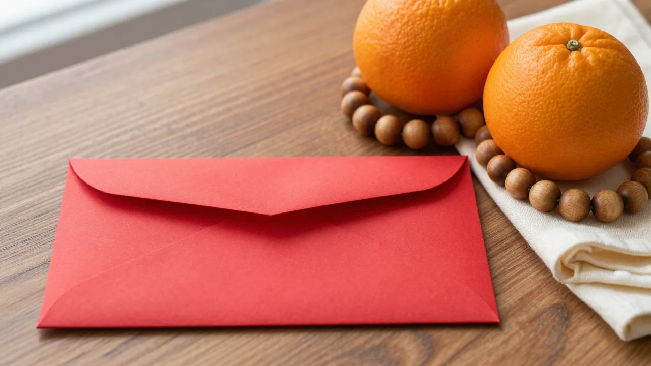 Red envelope, oranges, beads, and cloth for a 2015 Chinese zodiac lookup
