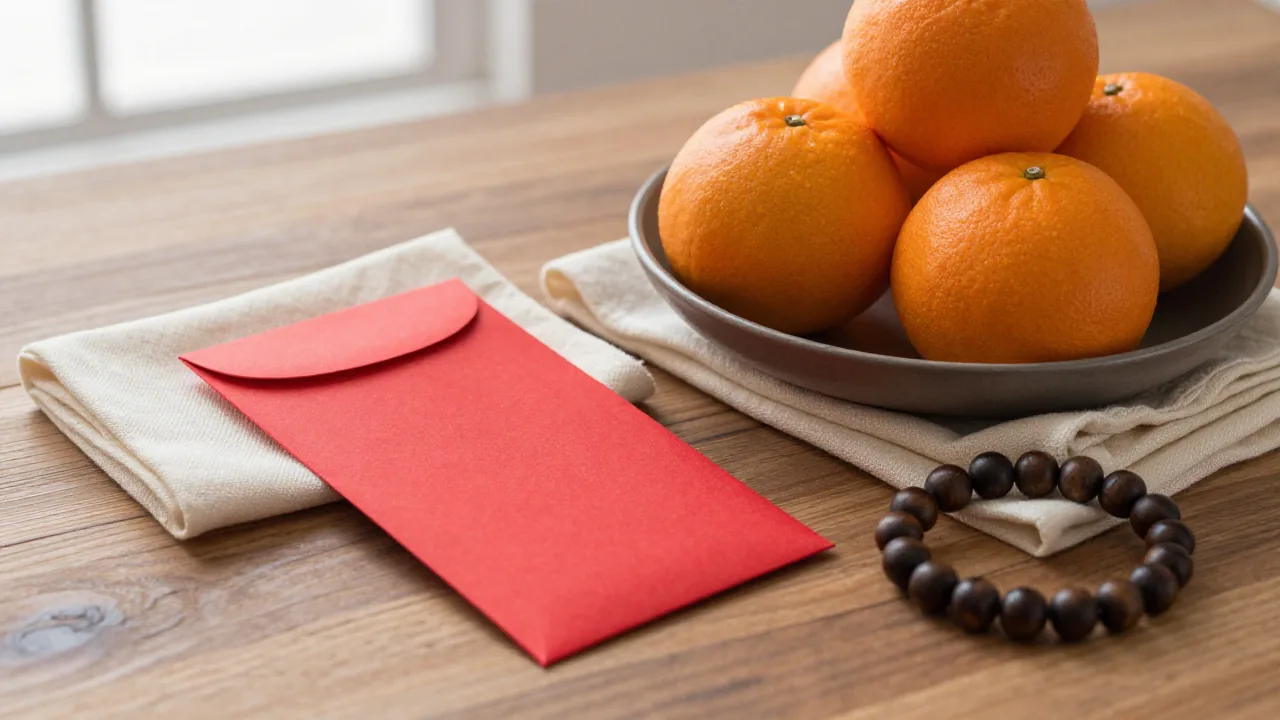Red envelope, oranges, cloth, and beads for a 2013 Chinese zodiac lookup
