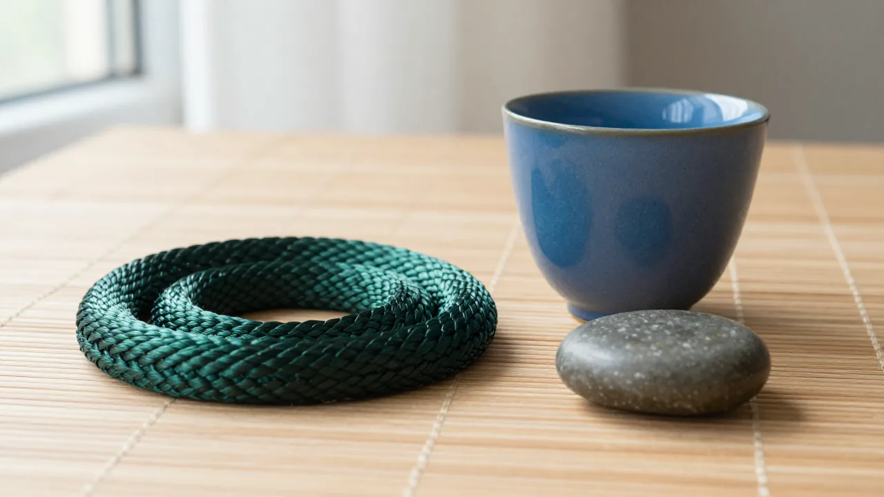 Blue cup, green cord, stone, and bamboo mat for Water Snake cycle context