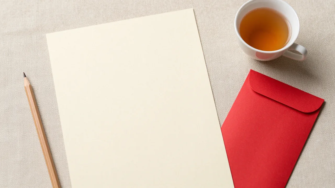 Blank paper, pencil, tea cup, and red envelope for recording a zodiac method