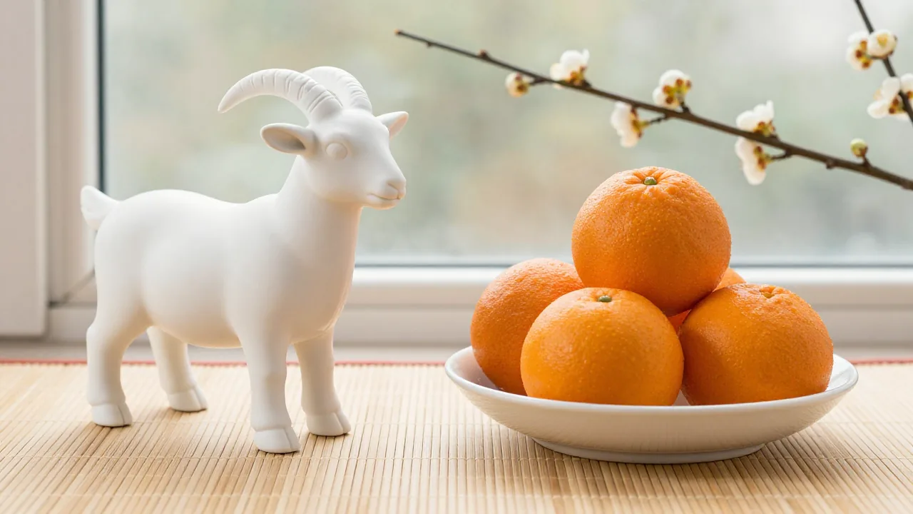 White ceramic goat beside oranges and a plum branch