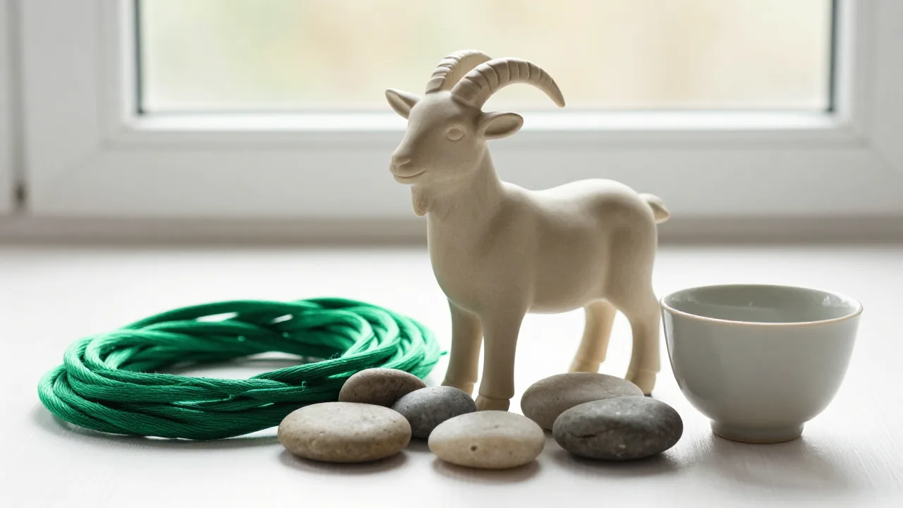 Ceramic goat beside green silk cord and river stones