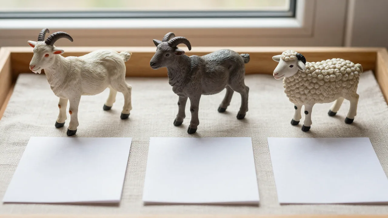 Three caprine figurines representing Goat Sheep and Ram translations