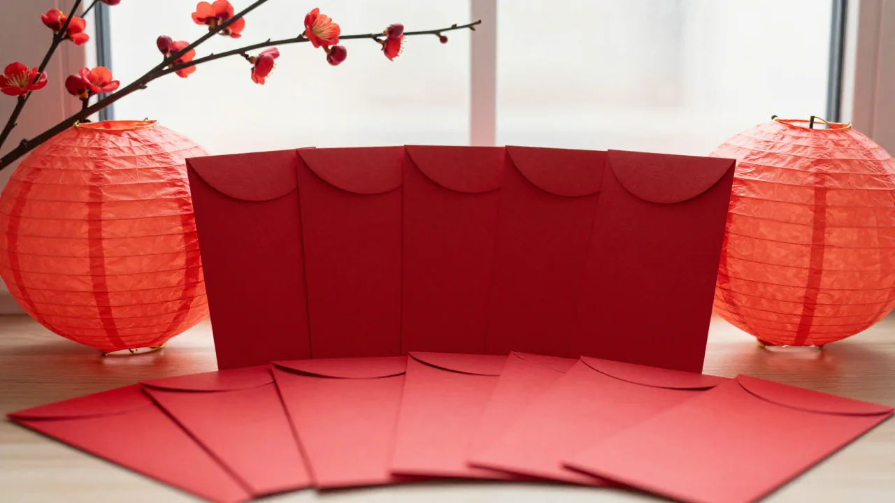 red silk envelopes, plain round lanterns, potted plum branches supporting chinese new year zodiac sign
