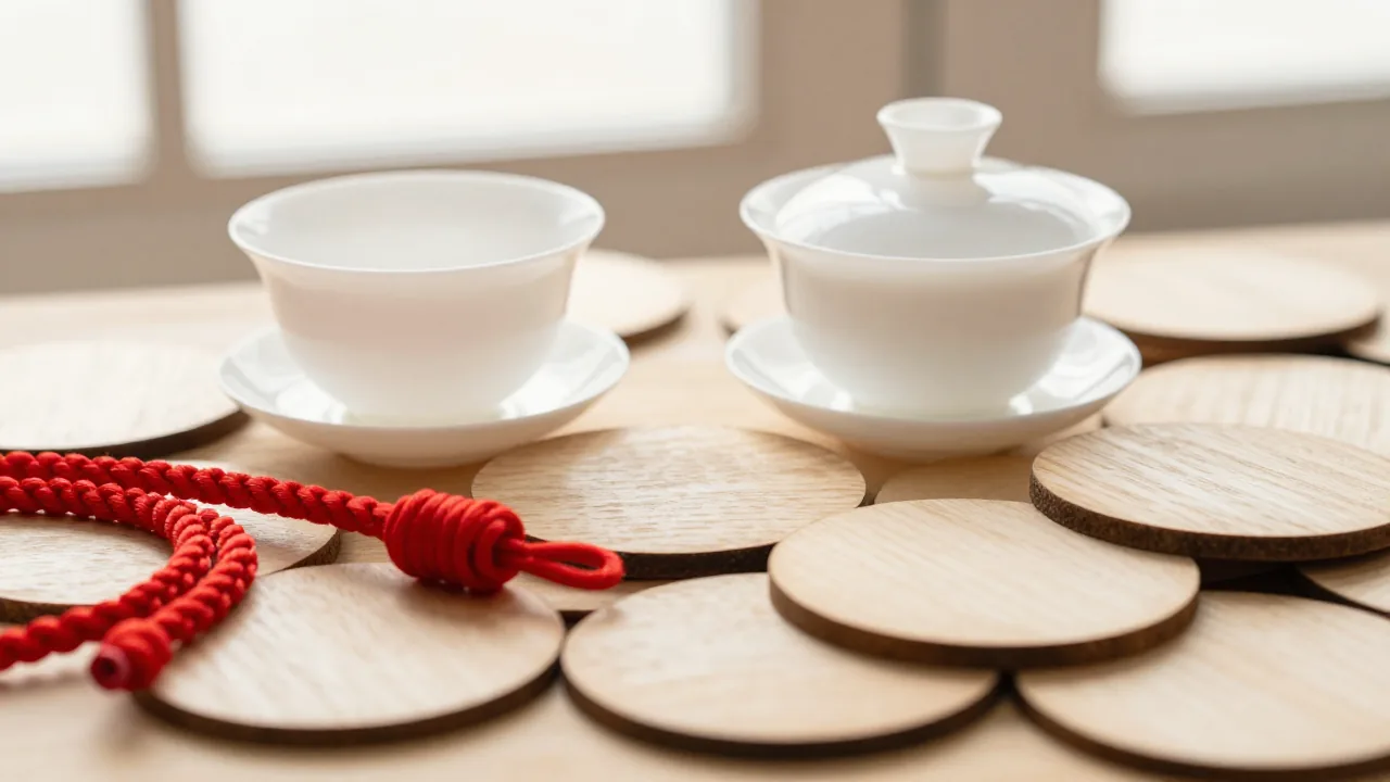 red braided cord, white tea set, blank round wooden discs supporting chinese new year zodiac sign