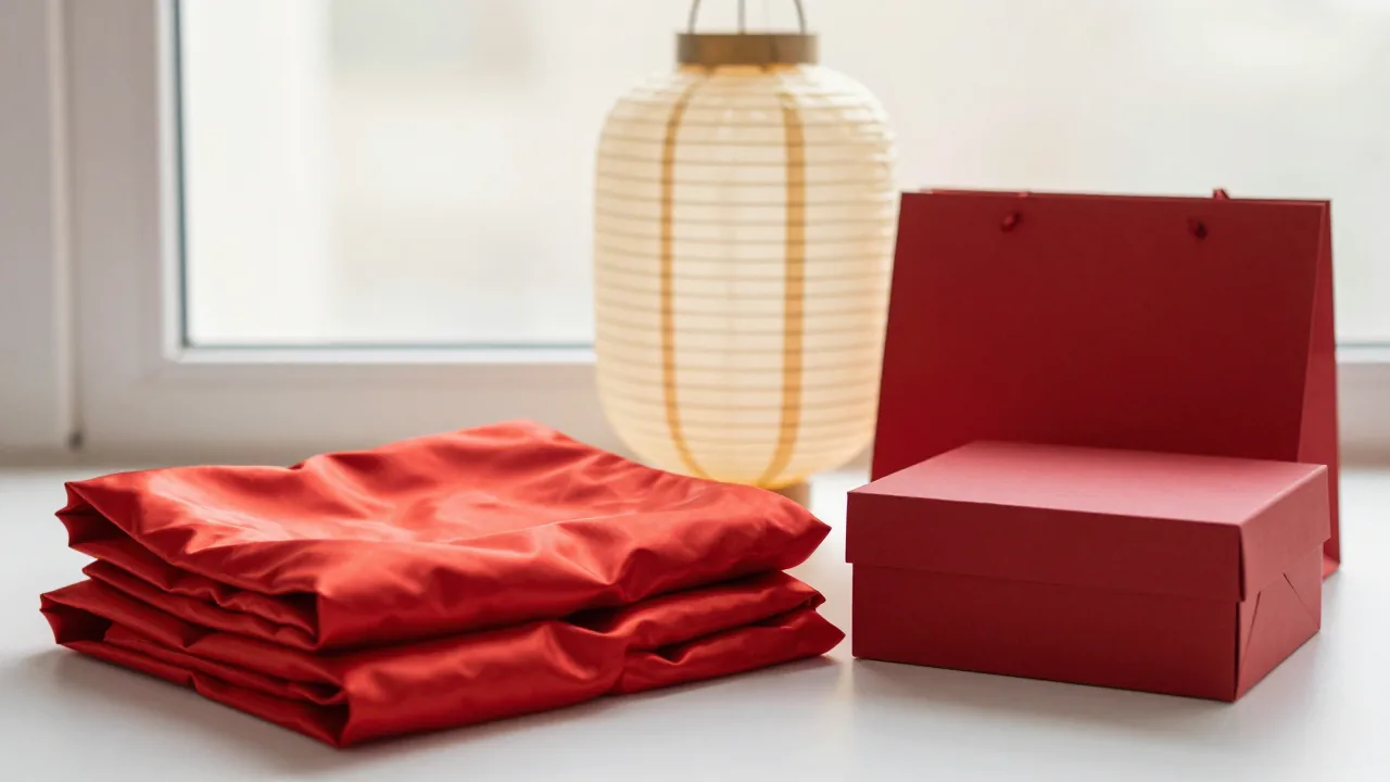 folded red silk fabric, plain lantern, unmarked gift box supporting chinese new year zodiac sign