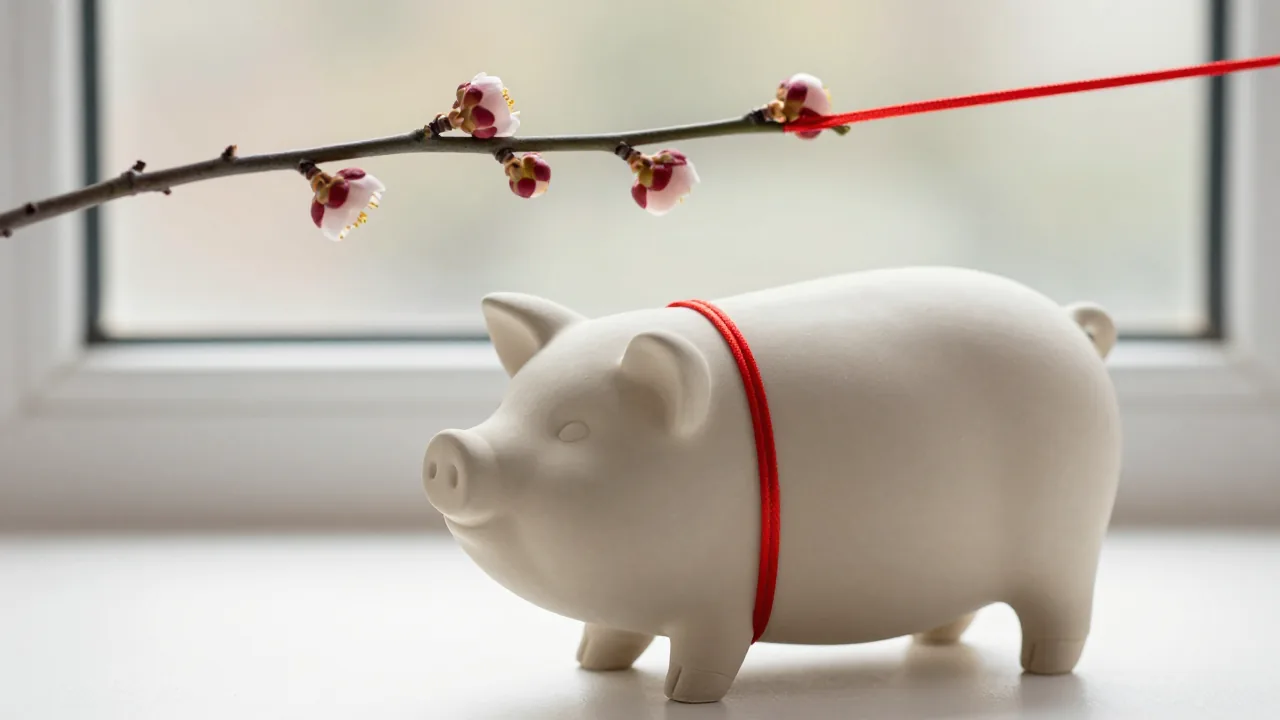 single smooth unmarked ceramic pig figurine, winter plum branch, red silk thread supporting chinese zodiac 1995 sign