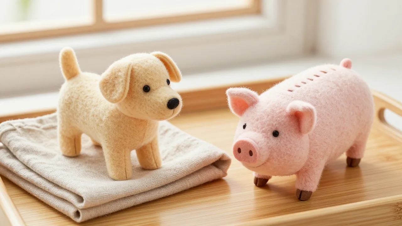 smooth unmarked felt dog and pig toys, folded linen cloth, plain bamboo tray supporting chinese zodiac 1995 sign