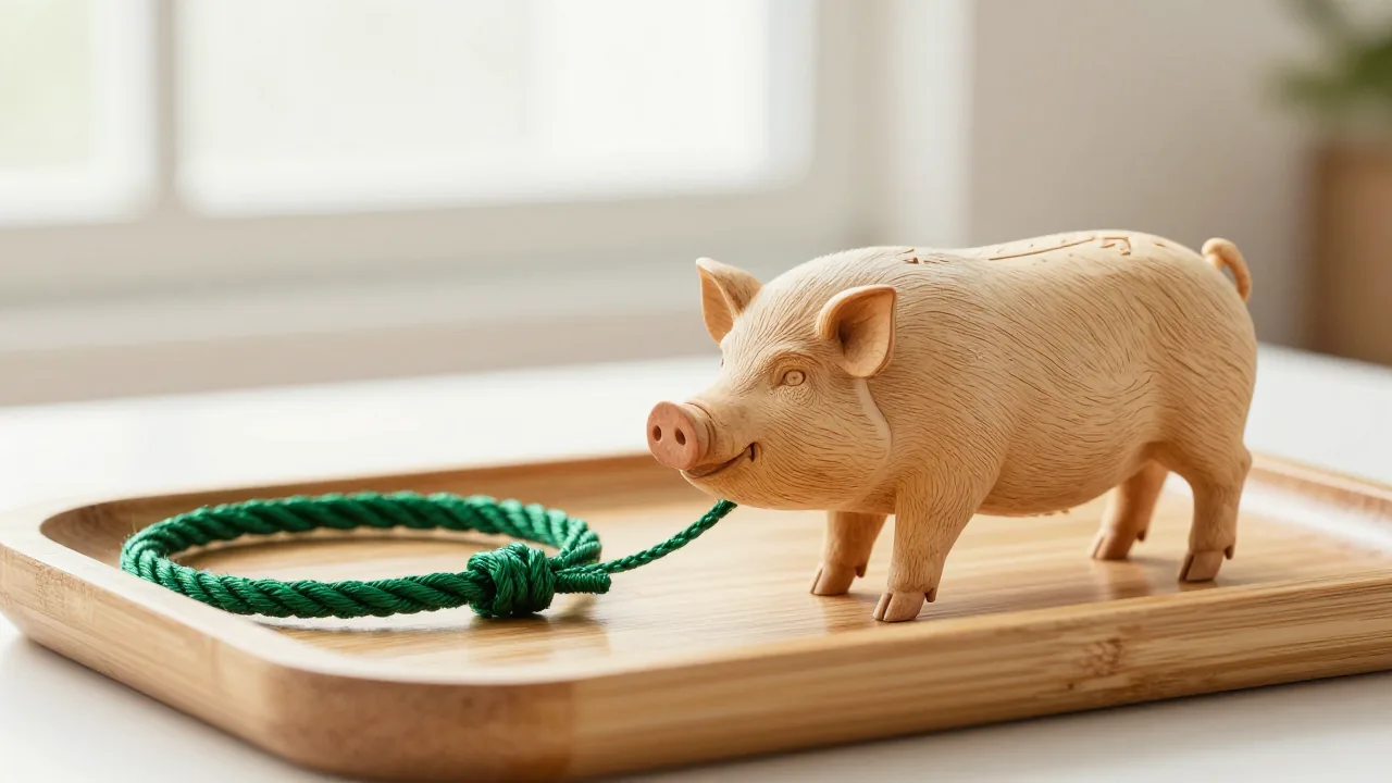 green silk cord, carved pig figure, bamboo tray supporting chinese zodiac 1995 sign
